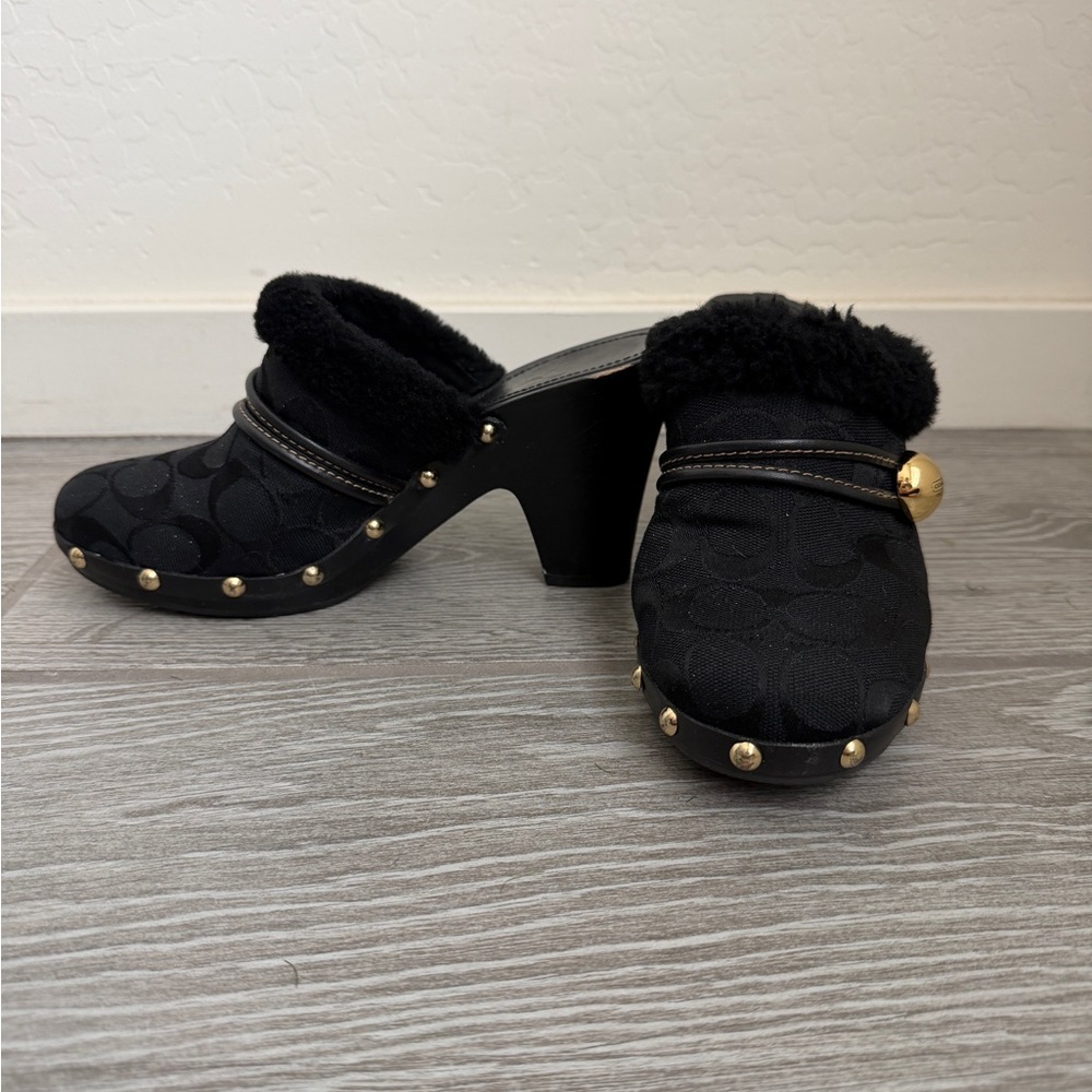 Coach Ivanka Black Heeled Mules with Gold Accents